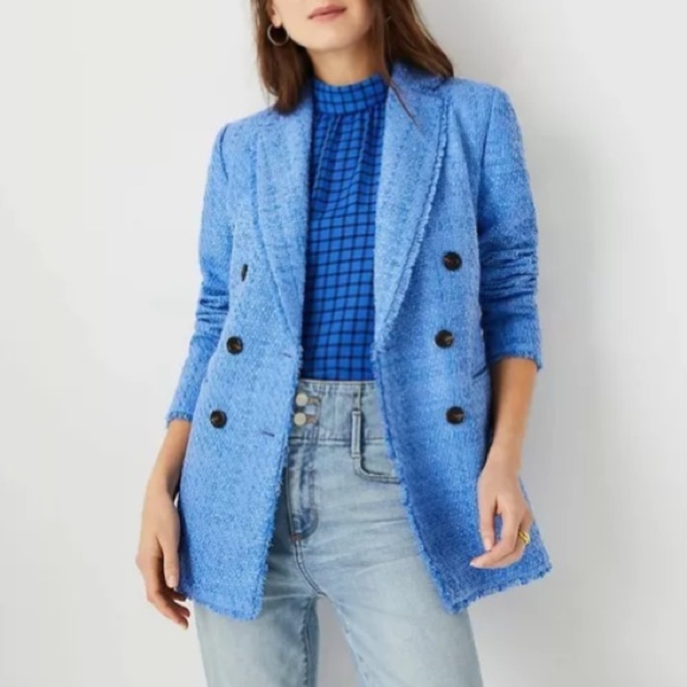 New ANN TAYLOR Lapis Bluebird Fringe Tweed Blazer Size 6